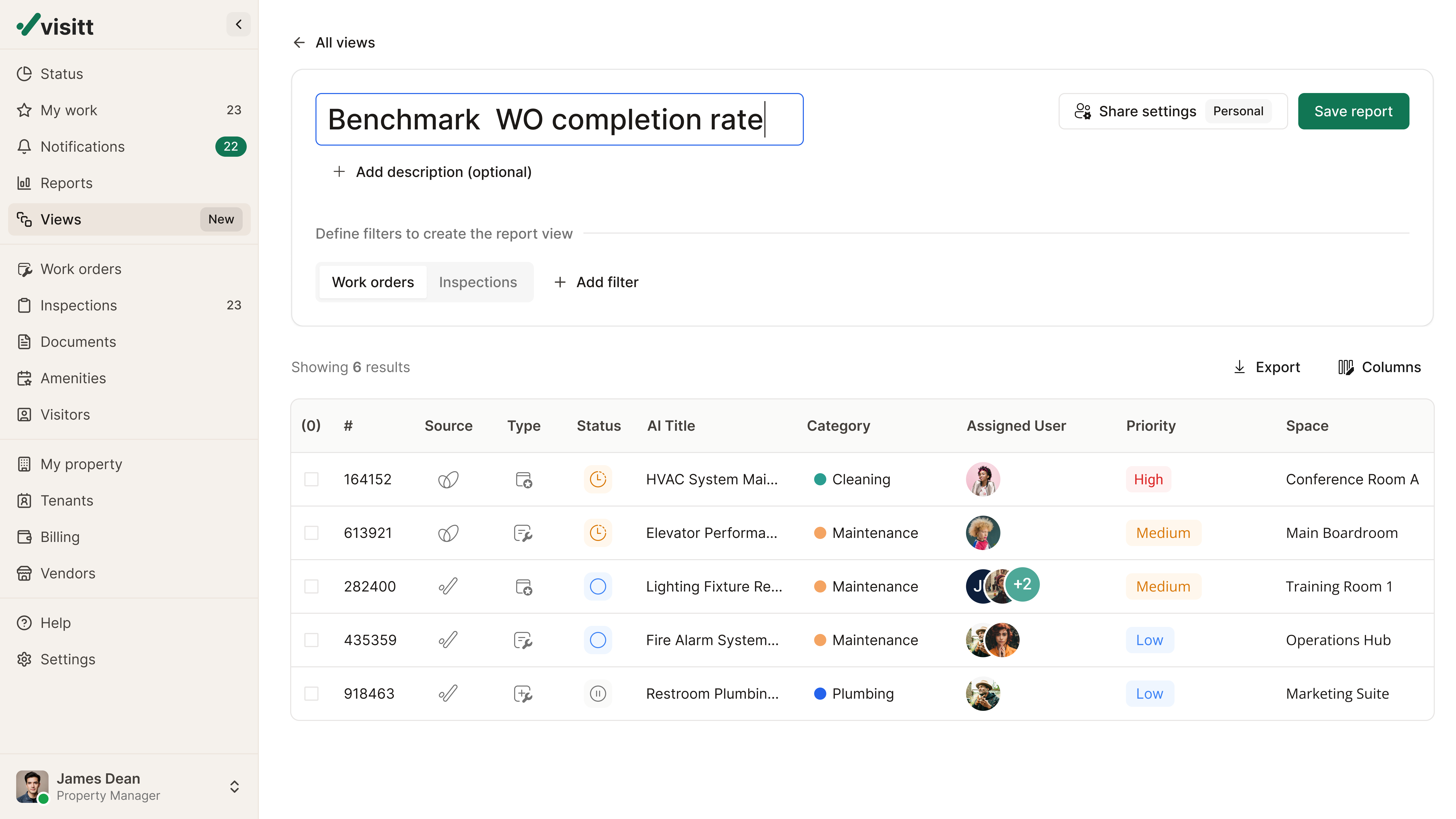 Visitt saved work-order view
